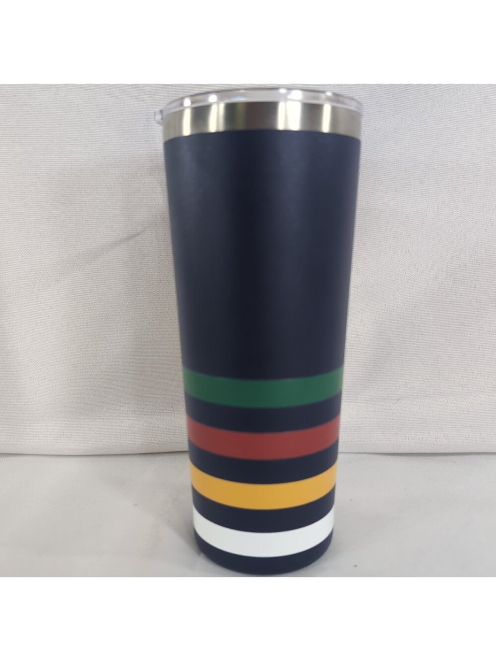 HBC Hudson's Bay Company Stripes Travel Mug Tumbler Navy Blue Multi 8" Stainless